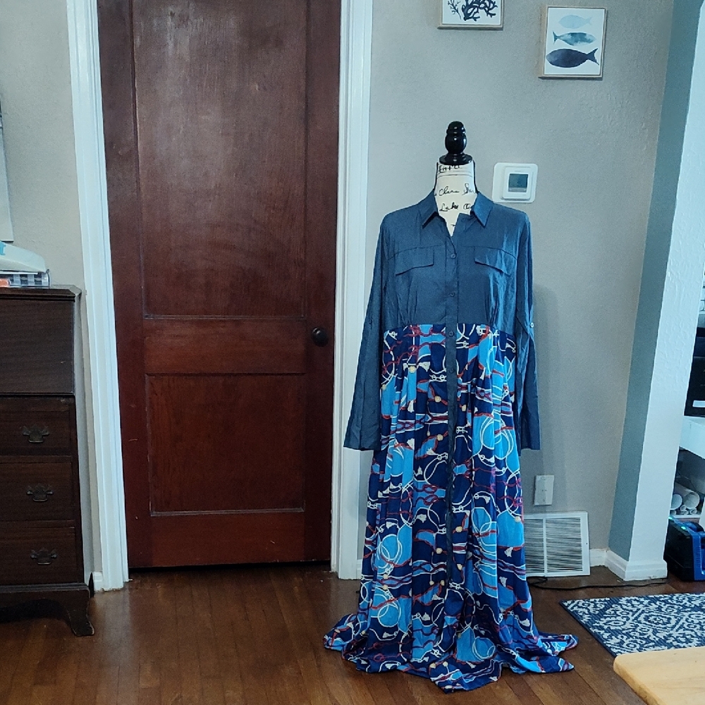 Metamorphosis Girl Blue & Red  Long Sleeve Maxi Dress